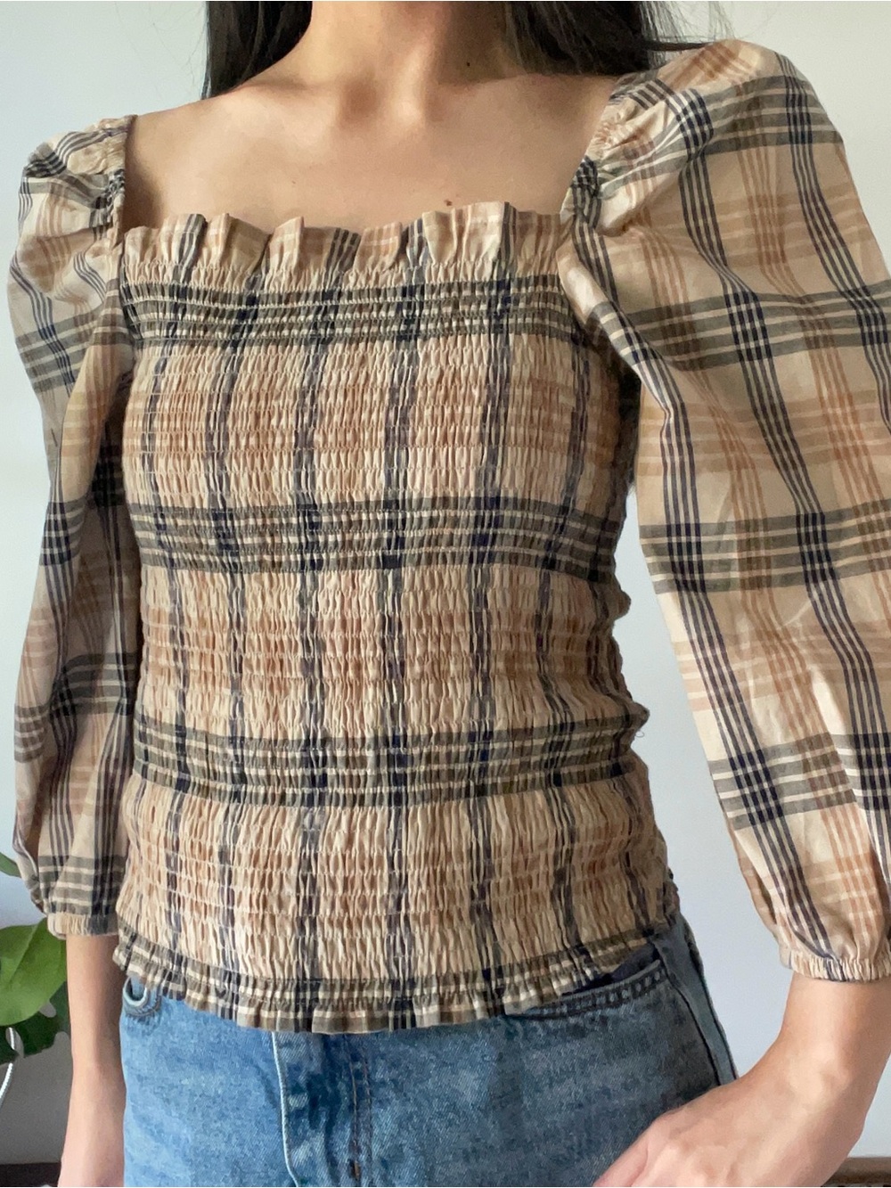 Only Beige Plaid Smocked Square-Neck Blouse